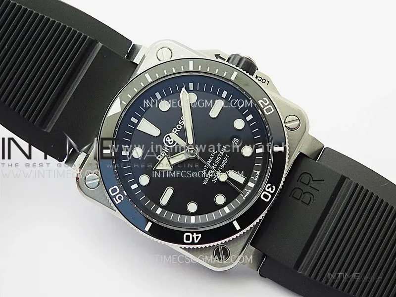 BR 03-92 Diver Black Ceramic Bezel SS B12 1:1 Best Edition Black Dial on Black Rubber Strap A2824 (Free Nylon Strap)