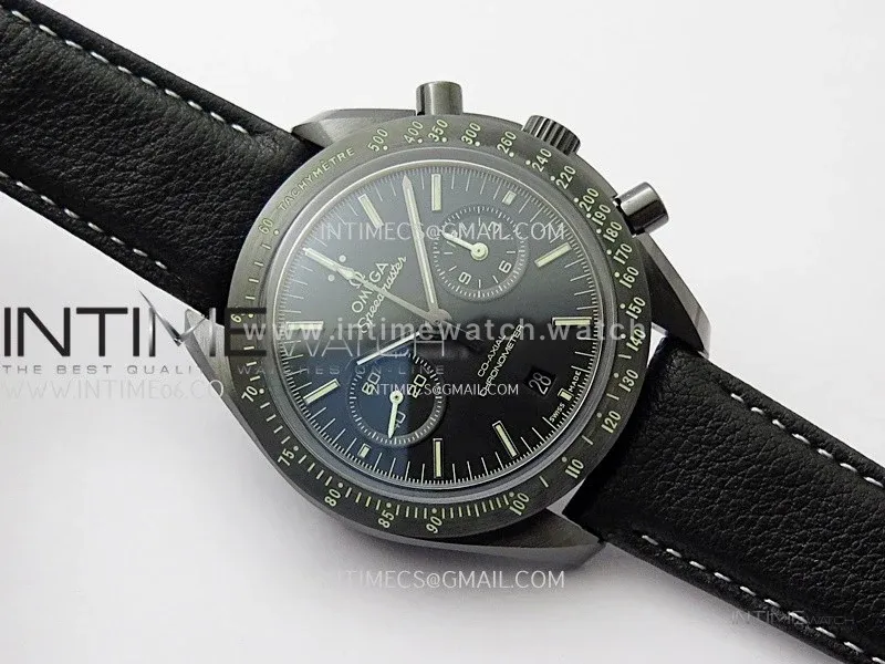 Speedmaster "Dark Side of The Moon" Real Ceramic N1F 1:1 Best Edition Black Dial on Black Leather Strap A9300