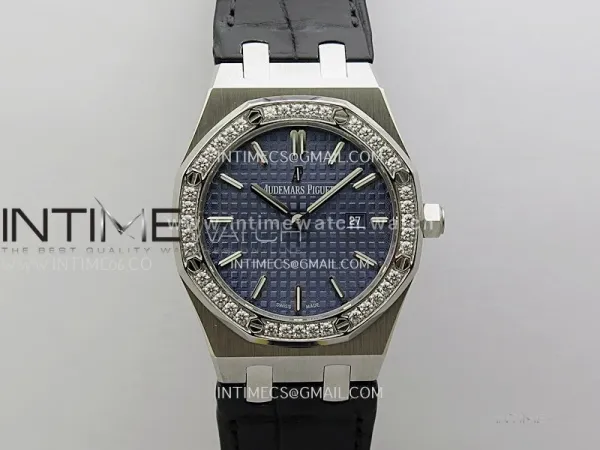 Lady Royal Oak 33mm 67651 SS/Diamond Bezel A7F 1:1 Blue Textured Dial On Black Croco Leather Strap Ronda Quartz to AP Cal.2713