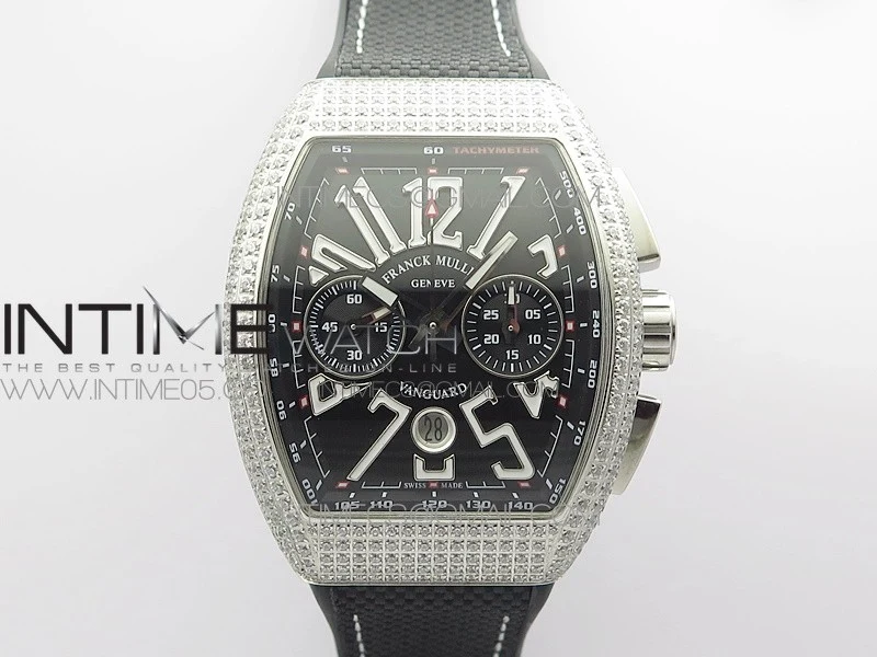 Vanguard V45 Chrono Brushed SS Pave Crystals ABF Best Edition Black Dial on Black Gummy Strap A7750