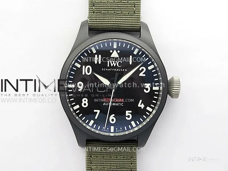 Big Pilot IW329801 Real Ceramic M+F 1:1 Best Edition Black Dial on Green Calfskin Strap SEIKO 8N-24