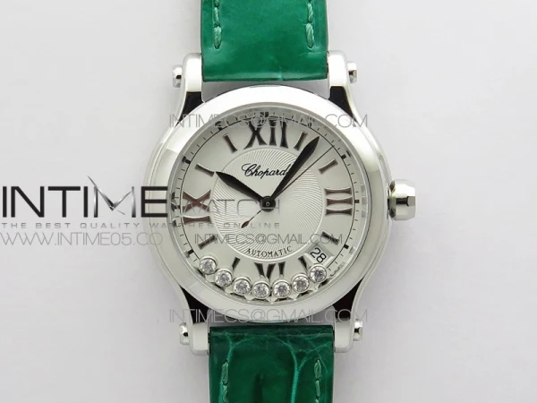 HAPPY SPORT AUTOMATIC SS 36MM YYF 1:1 BEST EDITION WHITE DIAL ON GREEN LEATHER STRAP A2892