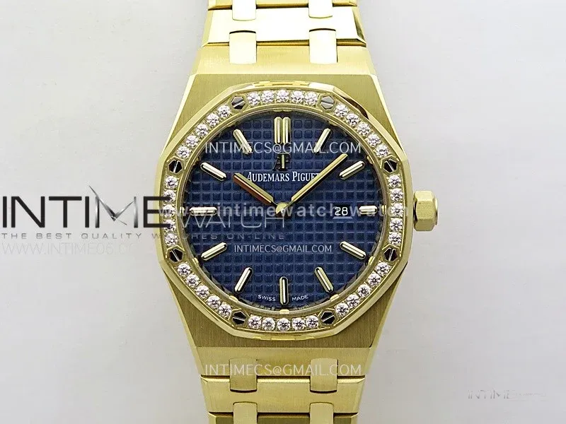 Lady Royal Oak 33mm 67651 Diamonds Bezel YG ZF 1:1 Best Edition Blue Textured Dial on YG Bracelet RONDA Quartz
