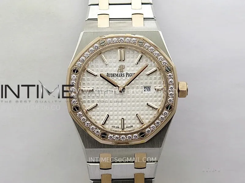 Lady Royal Oak 33mm 67651 Diamonds bezel SS/RG ZF 1:1 Best Edition White Textured Dial on SS Bracelet RONDA Quartz