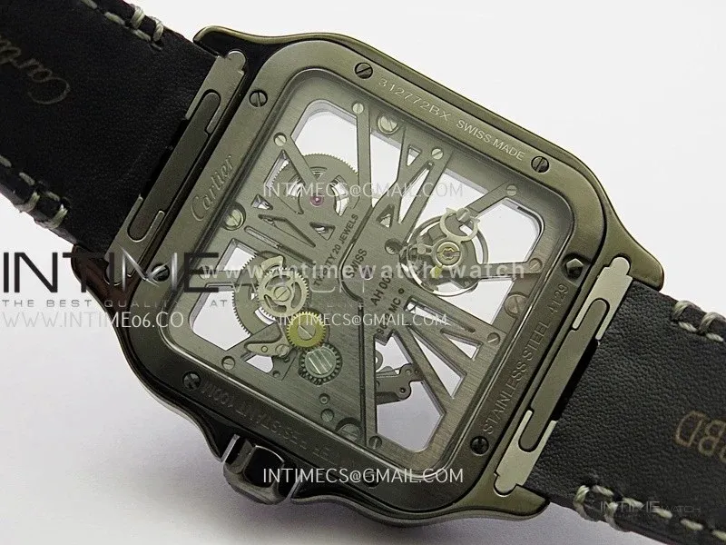 Santos Skeleton PVD RICH Factory 1:1 Best Edition Skeleton black Dial On Black Leather Strap 9612MC Super Clone