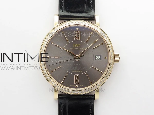 Portofino 37mm RG Diamond Bezel A7F 1:1 Best Edition Gray Dial on Black Leather Strap A2892