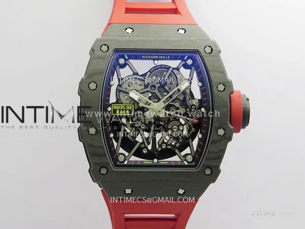 RM035-02 Black NTPT GTF Best Edition Skeleton Dial On Red Rubber Strap RMAL1 Super Clone (Free Sprung)