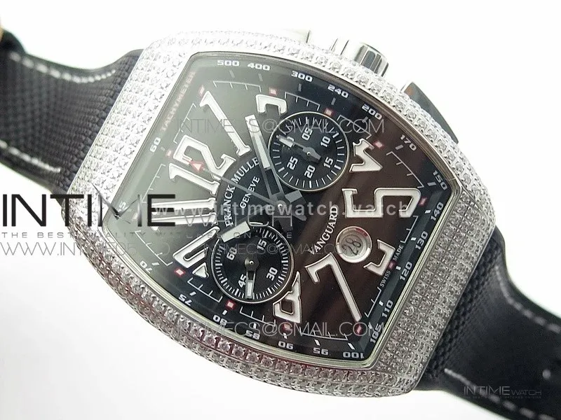 Vanguard V45 Chrono Brushed SS Pave Crystals ABF Best Edition Black Dial on Black Gummy Strap A7750
