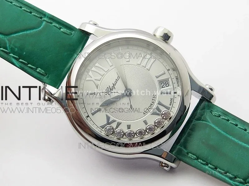 HAPPY SPORT AUTOMATIC SS 36MM YYF 1:1 BEST EDITION WHITE DIAL ON GREEN LEATHER STRAP A2892