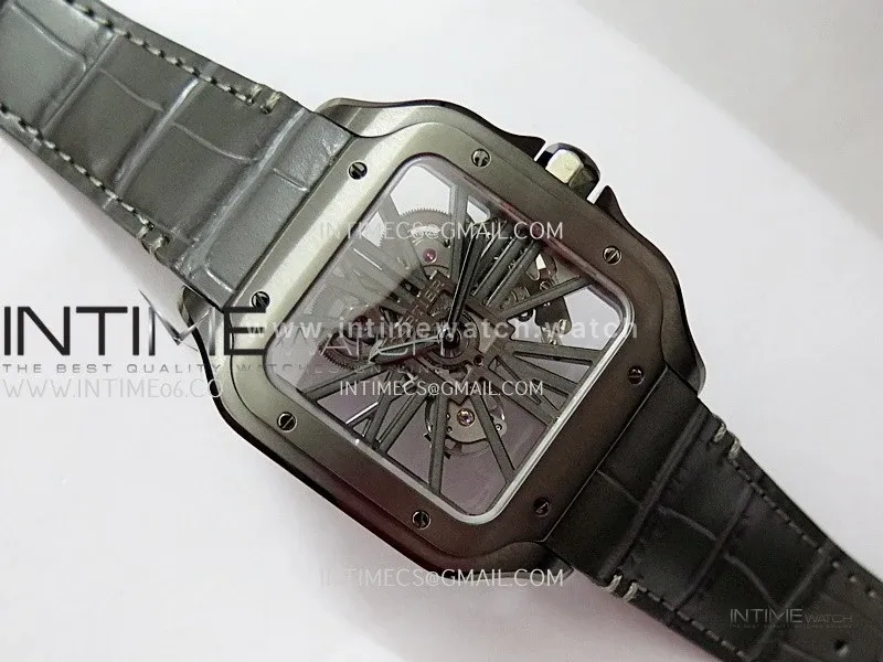 Santos Skeleton PVD RICH Factory 1:1 Best Edition Skeleton black Dial On Black Leather Strap 9612MC Super Clone