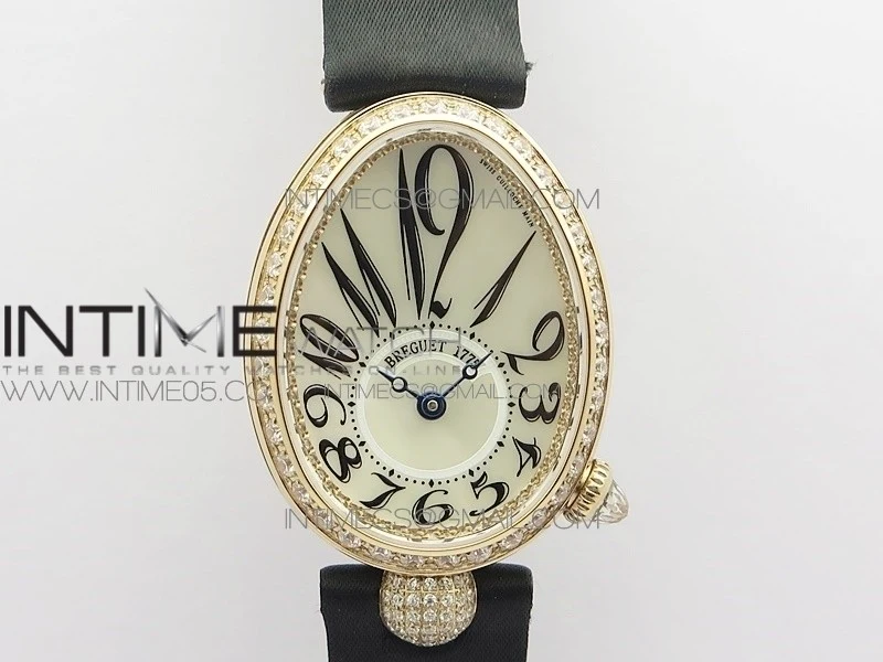 Reine de Naples 8928BB 33mm RG ZF 1:1 Best Edition White MOP Dial Numeral Markers Diamonds Bezel on Black Fabric Strap A537