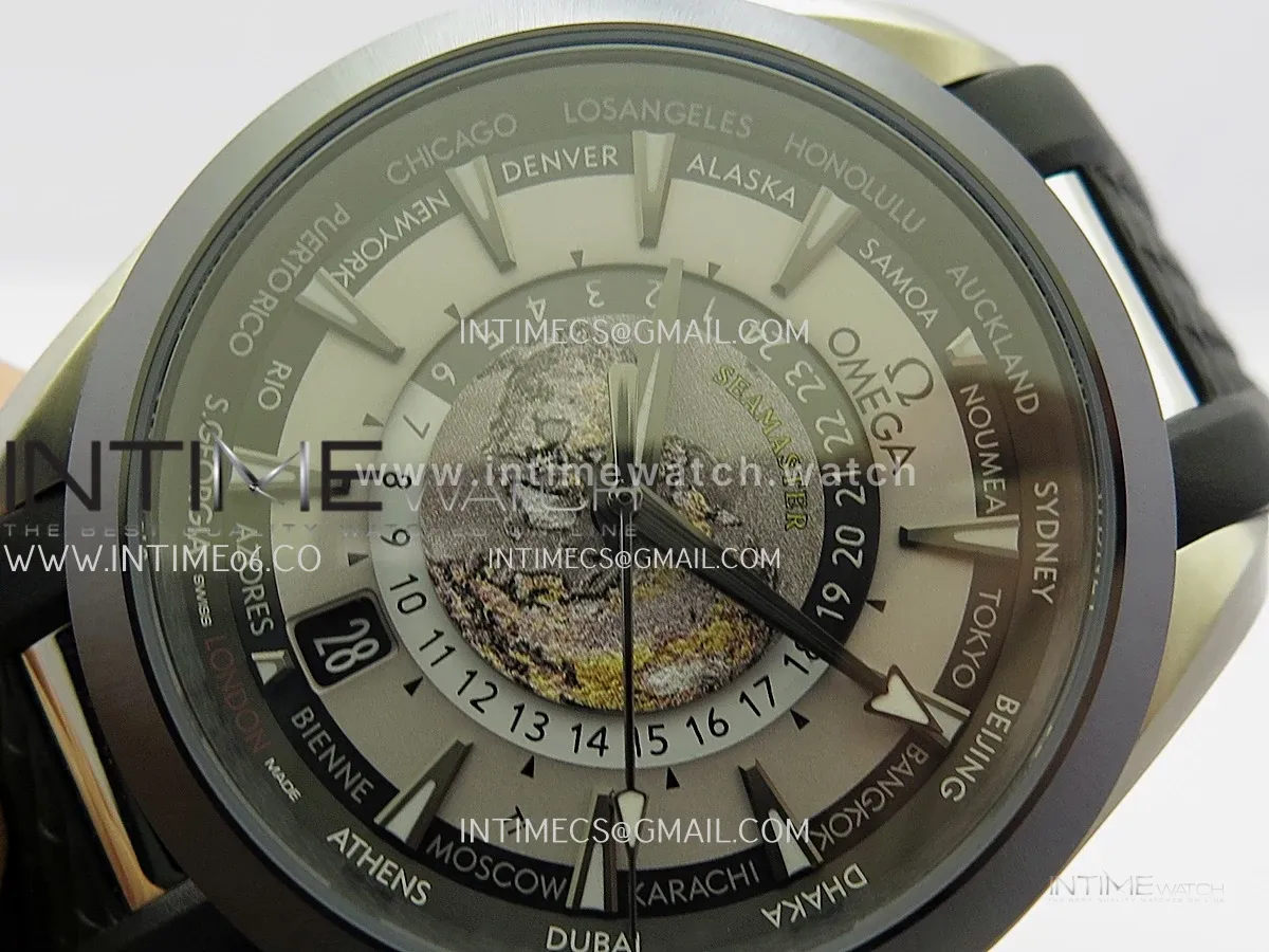 Aqua Terra 150M World Time 24 Hours Ti/Ceramic VRS 1:1 Gray Dial On Black Rubber Strap Super Clone 8938