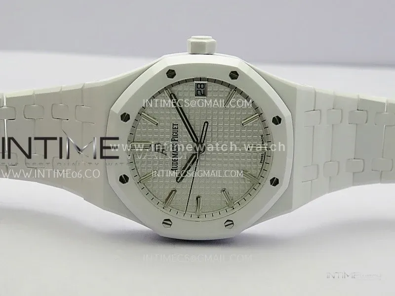 Royal Oak 41mm 15500 White Ceramic ZF Free Sprung 1:1 Silver Textured Dial On White Ceramic Bracelet Super Clone A4302