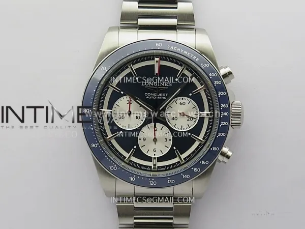 Conquest Chronograph 42mm Blue Ceramic Bezel SS AF 1:1 Best Edition Blue Dial On SS Bracelet A7750