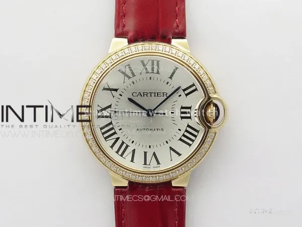 Ballon Bleu 36mm Diamonds Bezel RG 3KF 1:1 Best Edition White Textured Dial On Red Leather Strap A076