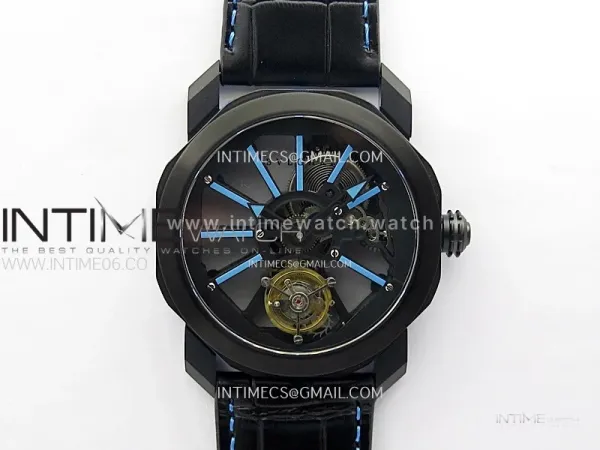 Octo 102910 PVD AXF Best Edition Blue Skeleton Dial on Black Leather Strap Asian BVL206 Tourbillon Movement