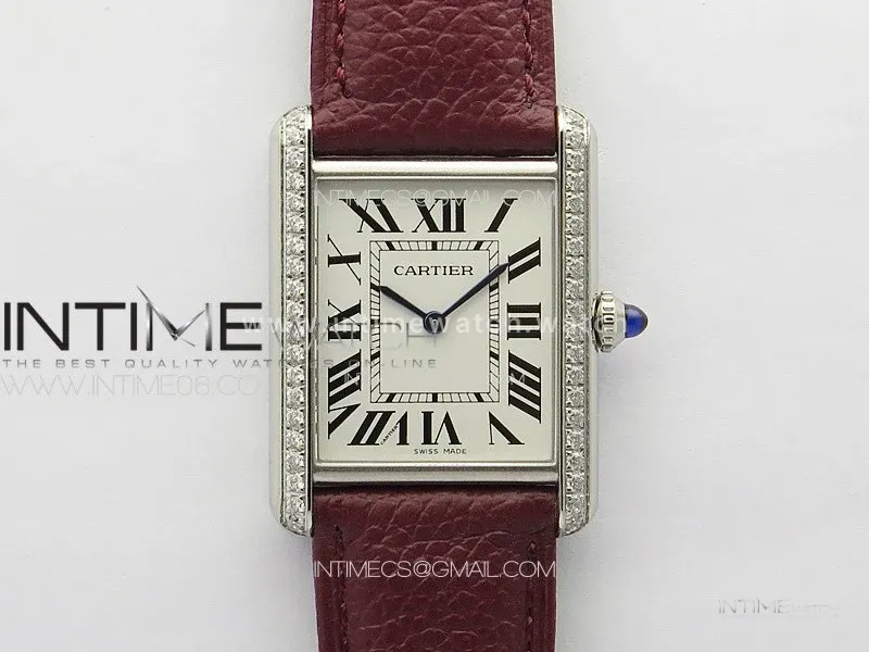 Tank Louis Ladies 25mm SS/Crystal 8848F 1:1 Best Edition White Dial on Dark Red Leather Strap Ronda Quartz