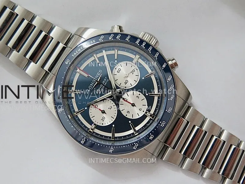 Conquest Chronograph 42mm Blue Ceramic Bezel SS AF 1:1 Best Edition Blue Dial On SS Bracelet A7750
