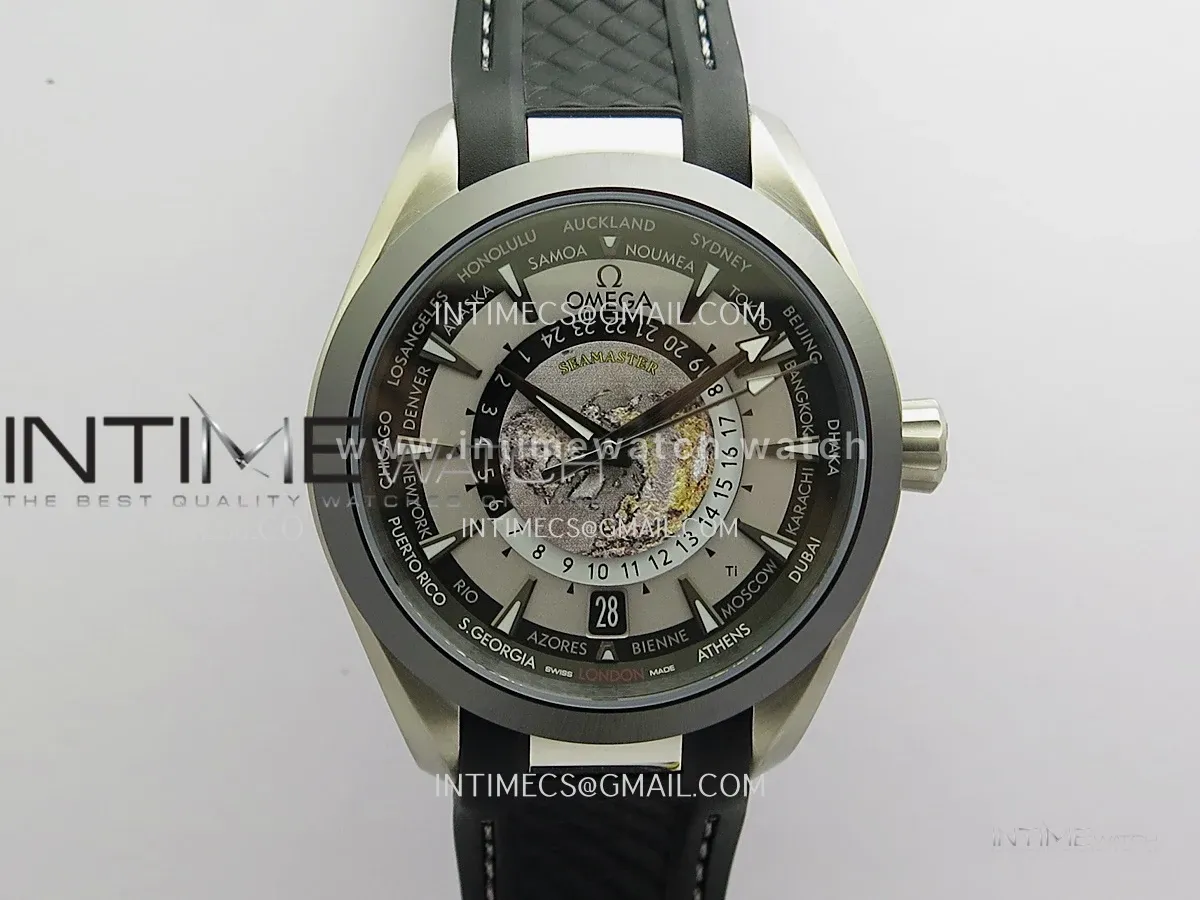 Aqua Terra 150M World Time 24 Hours Ti/Ceramic VRS 1:1 Gray Dial On Black Rubber Strap Super Clone 8938