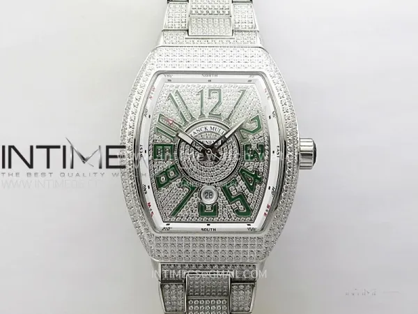 Vanguard V45 Full Diamonds ABF Best Edition Full Paved Diamonds Dial Green Markers On Full Paved Diamonds Bracelet A2824