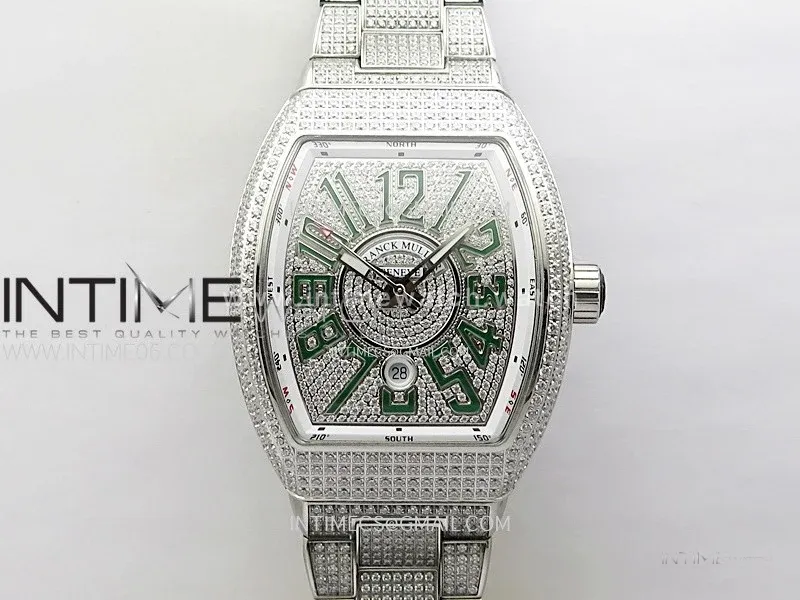 Vanguard V45 Full Diamonds ABF Best Edition Full Paved Diamonds Dial Green Markers On Full Paved Diamonds Bracelet A2824