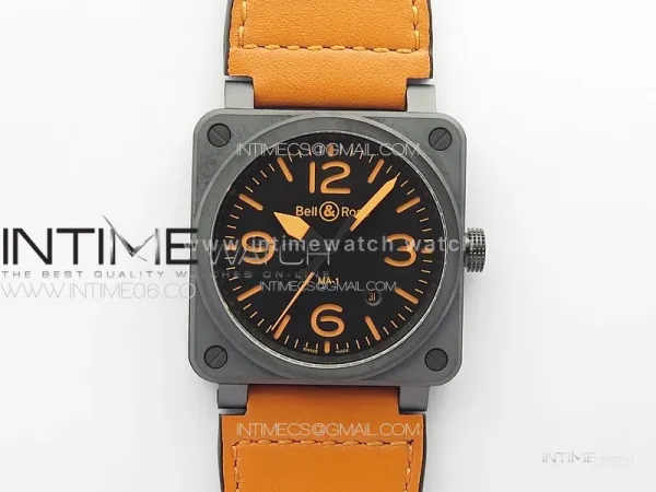 BR 03-92 Real Ceramic 1:1 Best Edition Black Dial RG Markers on Orange Leather Strap MIYOTA 9015