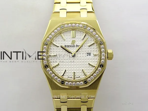 Lady Royal Oak 33mm 67651 Diamonds Bezel YG ZF 1:1 Best Edition White Textured Dial on YG Bracelet RONDA Quartz