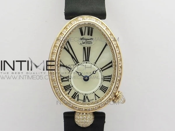 Reine de Naples 8928BB 33mm RG ZF 1:1 Best Edition White MOP Dial Roman Markers Diamonds Bezel on Black Fabric Strap A537