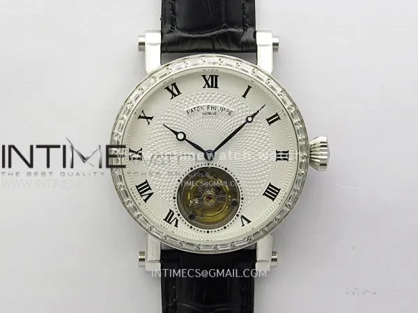 Classic Tourbillon SS/Diamonds Bezel AXF White Textured Dial On Black Leather Strap EQ5210